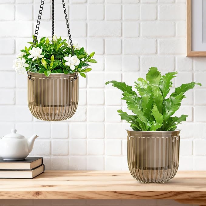 Halatool 2 Pack 6.5 Inch Self-Watering Hanging Planters for Indoor Plants, Outdoor Flower Pots with 2 Metal Chains, Visible Water Level Indicator & Drainage Holes for Wall, Garden, Home (Starry Gray)