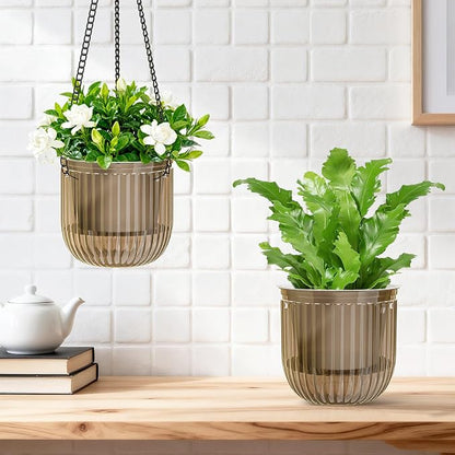 Halatool 2 Pack 6.5 Inch Self-Watering Hanging Planters for Indoor Plants, Outdoor Flower Pots with 2 Metal Chains, Visible Water Level Indicator & Drainage Holes for Wall, Garden, Home (Starry Gray)