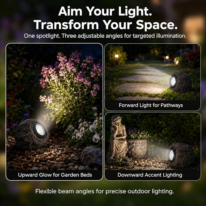 Solar Rock Lights Outdoor, IP65 Waterproof LED Solar Spotlights, Realistic Stone Garden Lights with Adjustable Angle & Auto On/Off, Solar Landscape Pathway Lights for Yard, Walkway, Patio (2 Pack)
