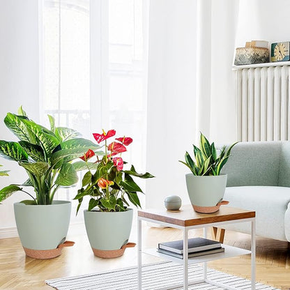 Vanslogreen Planters for Indoor Plants, 8/7/6.5/6/5.5/5 Inch Self Watering Planters with Drainage Hole, Plastic Planters Flower Pots for Indoor Outdoor Plants (Green)