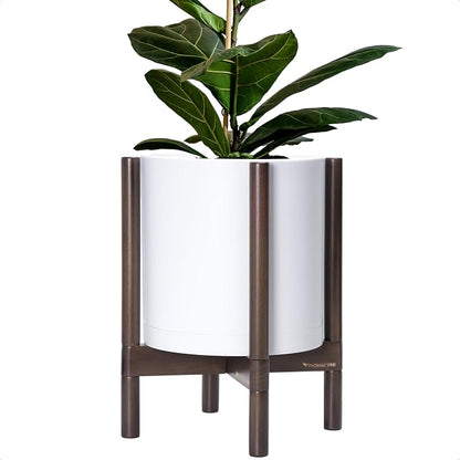 D'vine Dev Plastic Pot with Walnut Wood Stand, White, 12 in, 55-C-O-1 | Mid-Century Inspired Design, Elevated Plant Display, Clean Lines, Sturdy Support, Modern Space-Saving Style