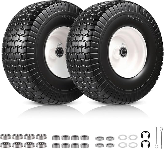 2 PCS 15x6.00-6 Flat Free Lawn Mower Tire and Wheel, 15x6-6 Front Tire Assembly Compatible with John Deere Husqvarna Riding Mowers Lawn Tractors, with 3/4" & 5/8" Bearings, 3" Centered Hub