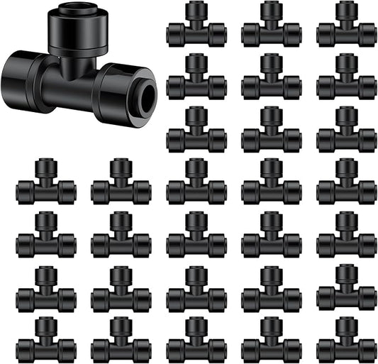 Pawfly 30 Pack Quick Connect 1/4" Drip Irrigation Tee Connectors, Push-to-Connect Drip Irrigation Tee Fittings for 1/4 Inch Irrigation Tubing & Sprinklers, Anti-Leak Drip Irrigation System Parts
