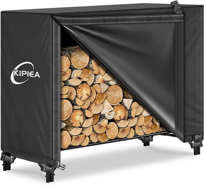 Kipiea 4FT Waterproof Firewood Storage Log Rack Cover, Heavy Duty 600D Outdoor Wood Storage Rack Cover with Buckles and Full-Length Hook & Loop Fastener, Tear-Resistant