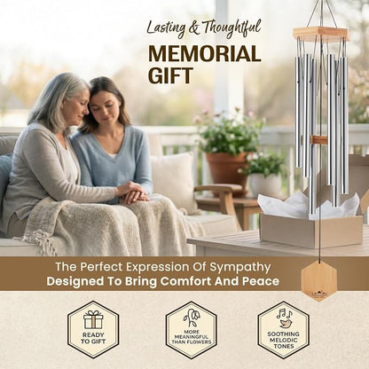 Silver Wind Chimes for Outside, 29 Inch Hand Tuned G Major Pentatonic Wind Chime, Memorial Sympathy Gift for Loss of Loved One, Deep Tone Aluminum Bamboo Garden Patio Porch Decor