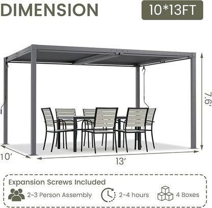 Louvered Pergola 10'x13' Outdoor Pergola with Roof, Heavy Duty Aluminum Frame, Hardtop Gazebo with Adjustable Louvers for Patio, Deck and Backyard, Gray
