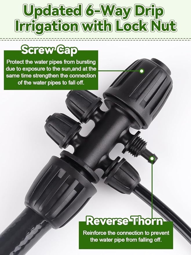 20PCS Locked Barbed Tee Connectors, Kalolary 1/2” to 1/4” Drip Irrigation Fittings Kit 12/16mm to 4/7mm Tube Lock Female Connector 6-Way Barbed Lock Irrigation Parts for Watering System (Black)