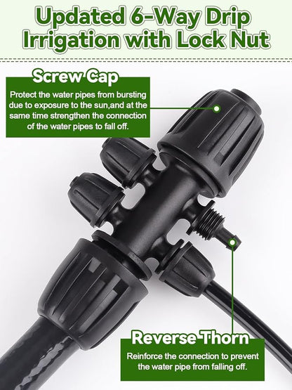 20PCS Locked Barbed Tee Connectors, Kalolary 1/2” to 1/4” Drip Irrigation Fittings Kit 12/16mm to 4/7mm Tube Lock Female Connector 6-Way Barbed Lock Irrigation Parts for Watering System (Black)