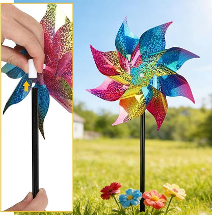 Hausse 12 Pack Reflective Pinwheels with Stakes (Pre-Assembled), Extra Sparkly Rainbow Pin Wheel for Garden Decor, Bird Repellent Devices Deterrent to Scare Birds Away from Yard Patio Farm, Colorful