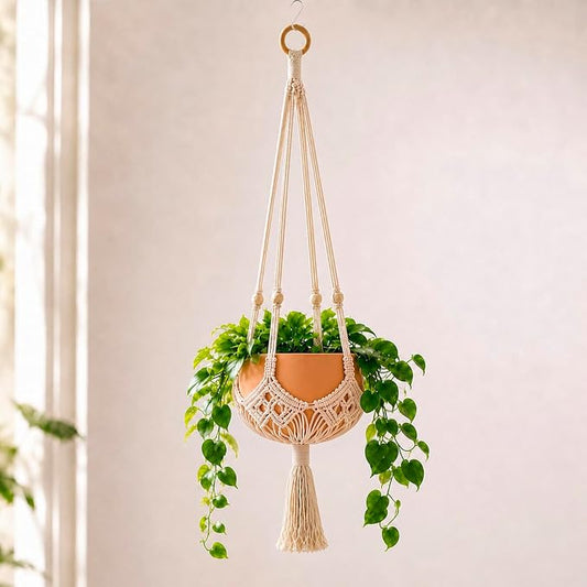 Shappy 1 Pack Boho Macrame Plant Hanger, Large Hanging Planter Plant Holder Pot Hanger Hanging Basket Wall Planters, Plants Lover Gift for Indoor Garden (Wooden Ring and Wooden Beads,White)