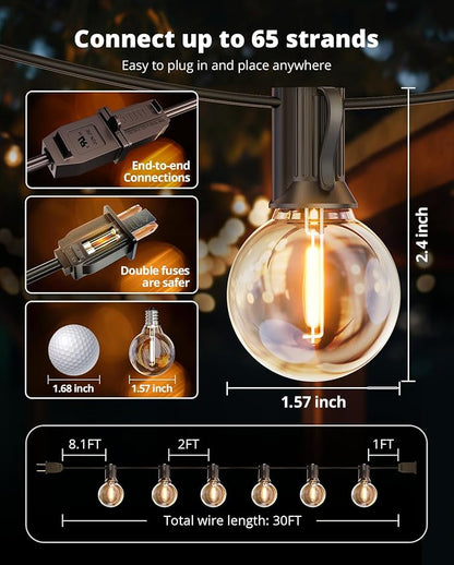 VIPAR Outdoor String Lights,30FT 13 G40 Patio Lights Waterproof for Balcony | Vintage LED Edison Bulbs,Connectable, Shatterproof,Waterproof,2700K Dimmable,Plug-in,for Backyard Porch Garden Deck Bistro