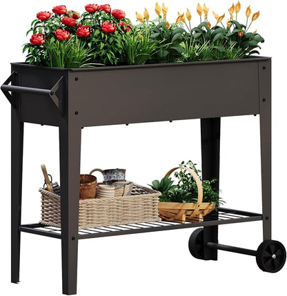 31.9" Tall Mobile Raised Garden Bed on Wheels, Metal Elevated Planter Box with Handles, Lower Storage Shelf & 5 Drain Holes for Vegetables Herbs Flowers,Garden Patio Balcony Backyard Garage