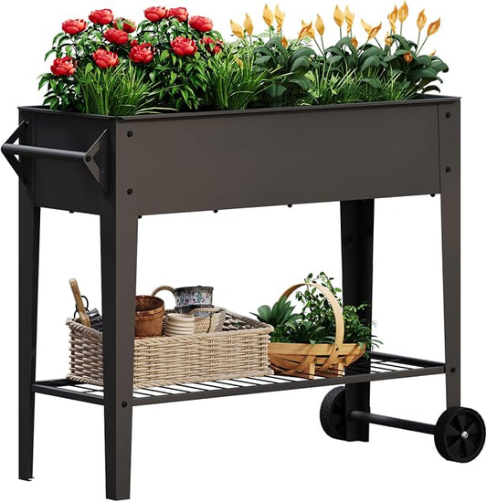 31.9" Tall Mobile Raised Garden Bed on Wheels, Metal Elevated Planter Box with Handles, Lower Storage Shelf & 5 Drain Holes for Vegetables Herbs Flowers,Garden Patio Balcony Backyard Garage
