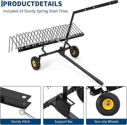 Garvee 60'' Tow Behind Lawn Dethatcher,24 Durable Spring Steel Tines Lawn Dethatcher, Tow Behind Steel Pine Straw Rake Designed to Lawn and Garden Tractors, Black