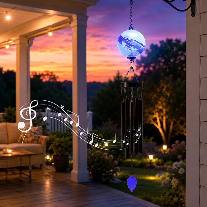 MUMTOP Solar Wind Chime for Outsides, 35" Glass Windchimes with Solar LED Lights Decorative Hanging Wind Bell for Porch Patio and Garden Decor, Blue