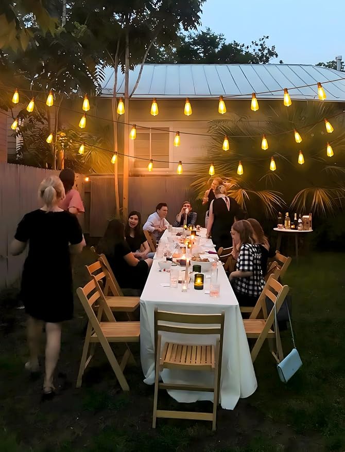 Larkvue 96FT(2x48FT) Solar Outdoor String Lights with Remote & Timer, Dimmable Patio Lights with 30+2 Shatterproof ST38 LED Bulbs for Outside-Black