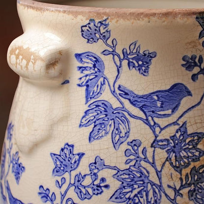 English Country Ceramic Multifunctional Planter, 6.7 Inch Vintage Flower Pot with Drainage Hole, Rustic Chinoiserie Vase & Utensil Holder, Farmhouse Kitchen Garden Decor, Housewarming Gift (Blue Bird)