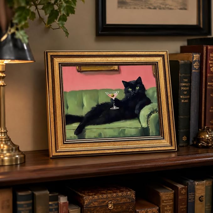 Devunaty Vintage Gold Framed Black Cat Martini Wall Art, Cocktail Bar Cart Wall Decor, Funny Cat On Green Sofa Canvas Print, Eclectic Whimsical Painting Picture For Bedroom Living Room Decor 12"x16"