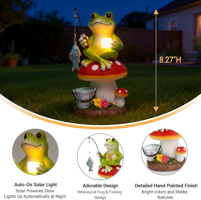 Solar Frog Garden Statue Outdoor Decor – Funny Fishing Frog Sitting on Mushroom, Gardening Gifts for Women, Mom, Grandma, Birthday, Housewarming, Christmas, Resin, 8.27" H