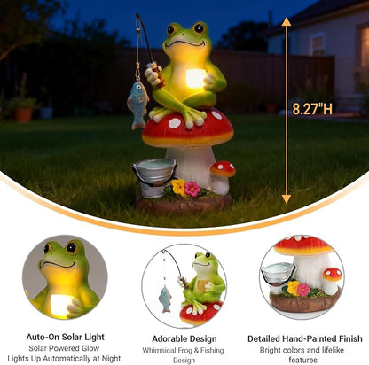 Solar Frog Garden Statue Outdoor Decor – Funny Fishing Frog Sitting on Mushroom, Gardening Gifts for Women, Mom, Grandma, Birthday, Housewarming, Christmas, Resin, 8.27" H