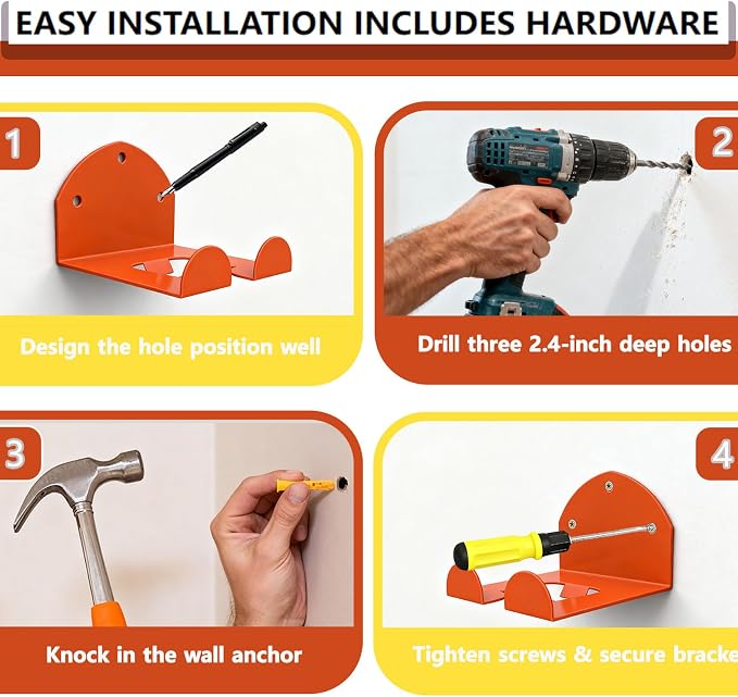 Garage Organizer Wall Hanger - Heavy Duty Garage Storage Trimmer Rack, Garden Power Tool Holder for Weed Whackers, Grass Trimmer, Hedge Trimmer, Grass Trimmer, Garage Tools, 3 Pack(Orange)