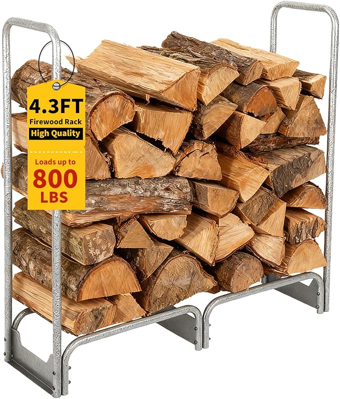 PeakPursuit 4.3FT Firewood Rack with 600d Oxford Waterproof Cover, Heavy Duty Indoor/Outdoor Steel Log Storage Rack - Wood Pile Holder Stacker Organizer for Fireplace, Patio, Fire Pit, Backyard