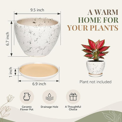 9.5 Inch Ceramic Plant Pot with Drainage Hole Mesh Net,Modern Gardening Pots for Indoor Plants with Saucer, White Silk