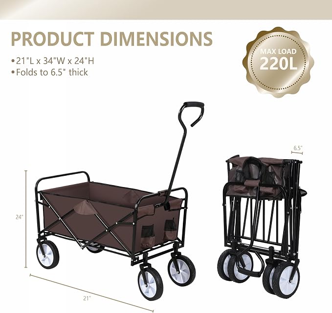 YSSOA Rolling Collapsible Garden Cart Camping Wagon, with 360 Degree Swivel Wheels & Adjustable Handle, 220lbs Weight Capacity,Brown