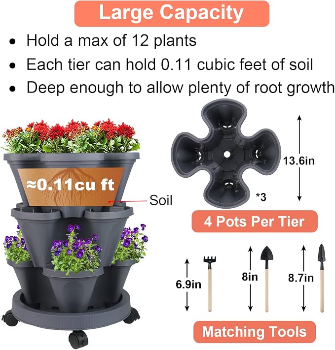 GameXcel Vertical Planter Tower - 3 Tier Stackable Garden Planters with Wheels and Tools Plant Pots for Strawberry Herb Flower and Vegetable Indoor Outdoor Use Dark Gray
