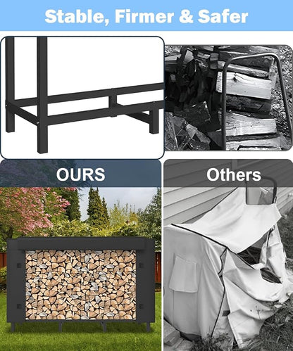 4ft Firewood Rack Holder with Cover, Adjustable Heavy Duty Fire Log Stacker Stand for Fireplace, Outdoor Indoor Metal Wood Pile Storage Organizer, Patio Logs Stand tool, Black