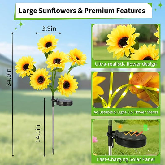 4-Pack Solar Sunflower Garden Decor, 24 LED Flower Stake Lights - Waterproof Long-Lasting Outdoor Solar Patio Decor for Lawn, Yard & Pathway