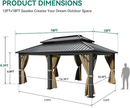 YITAHOME 12x18ft Gazebo Double Roof Hardtop Canopy Outdoor Heavy Duty w/Nettings and Curtains, Upgraded Aluminum Column Galvanized Steel Vertical Stripes Roof for Patio, Backyard, Deck, Lawns, Brown