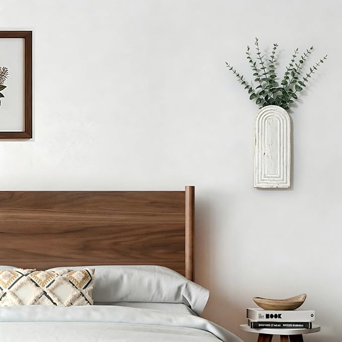 Wooden Wall Art Decor: Wall Vases for Indoor Artificial Plants & Flowers, Wood Wall Hanging Planters for Home Decor - Bathroom, Living Room, Bedroom, Patio (Washed White)