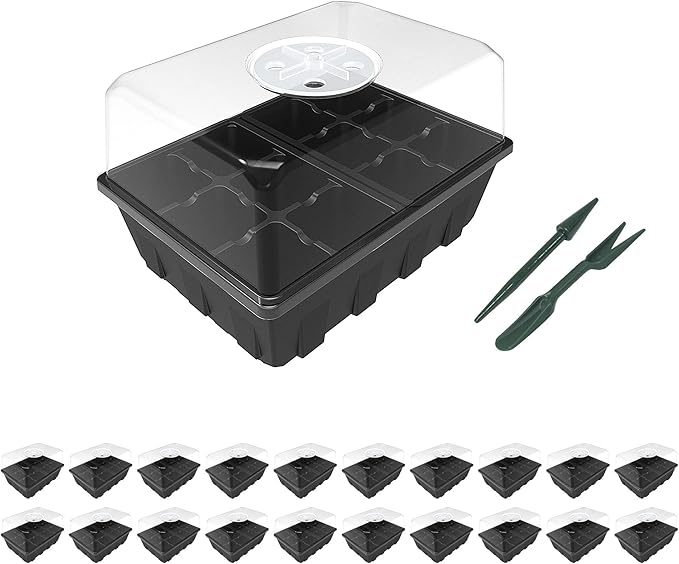 Gardzen 20 Pack Seed Starting Tray, Plant Germination Trays, Seed Starter Kit with Adjustable Humidity Vented Dome for Indoor&oOutdoor Use, Plant Growing Kit 6.6" x 4.5", Total 240-Cell, Black