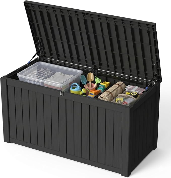Outdoor Storage Box, 180 Gallon Waterproof Deck Box [Upgraded 3.0], Piston-Lift Tall Standing Cabinet for Oversized Cushions, Lockable Deep Tool Organizer Storage Bench, Large Lawn, Black