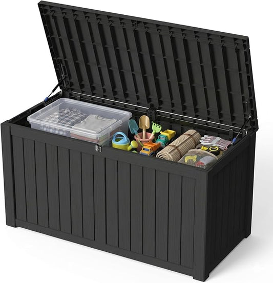 Outdoor Storage Box, 180 Gallon Waterproof Deck Box [Upgraded 3.0], Piston-Lift Tall Standing Cabinet for Oversized Cushions, Lockable Deep Tool Organizer Storage Bench, Large Lawn, Black