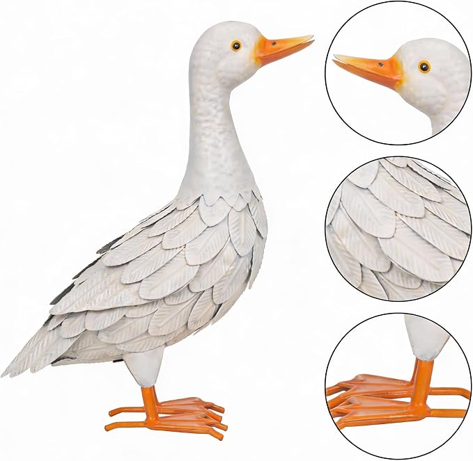 Shorayn Garden Statue Metal Duck Life-Size Mallard Indoor Outdoor Decor White Handmade