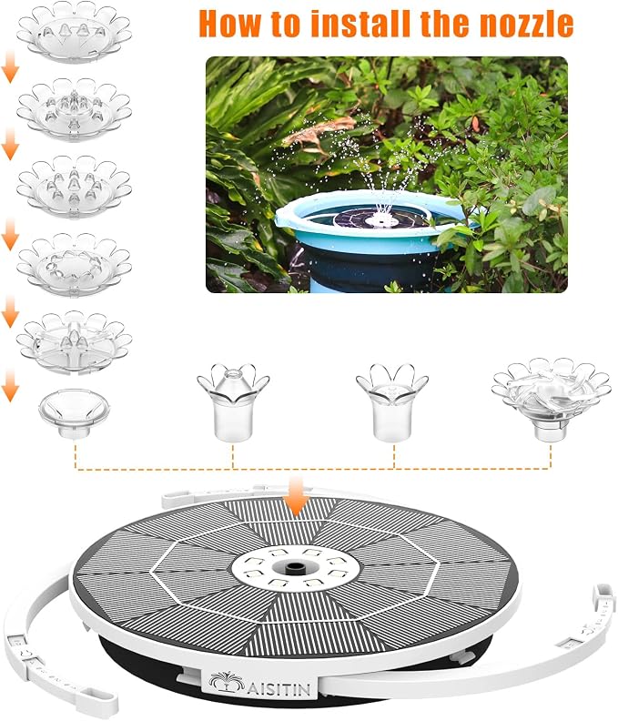AISITIN Solar Fountain with Lights, 3.5W Solar Powered Bird Bath Fountain Pump with 1500mAh Battery Backup, 6 Nozzles, LED Outdoor Fountain for Pond, Pool, Garden & Fish Tank