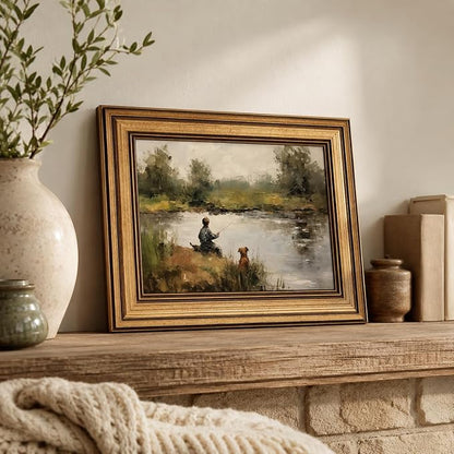 Devunaty Gold Framed Vintage Wall Art Boy Fishing Wall Decor Paintings Funny Dog and Boy Landscape Canvas Print Picture Retro Country Farmhouse Artwork for Kids Bedroom Living Room Decor 16"x24"