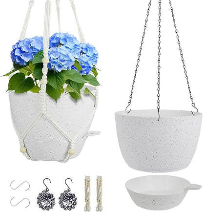 Meowell 10 inch Self Watering Hanging Planters, 2 Pack Hanging Baskets for Indoor Outdoor Plants, Hanging Flower Pots with Drainage Holes and 2 Kinds of Plant Hangers for Garden Decor, Speckled White