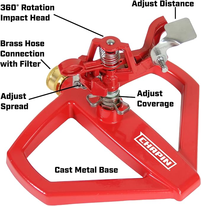 Chapin 4980: Platform Impact Sprinkler, 360 Degree Automatic With Base for Gardens and Lawns, Up to 85ft Coverage Area, Yards and Garden Watering, Red