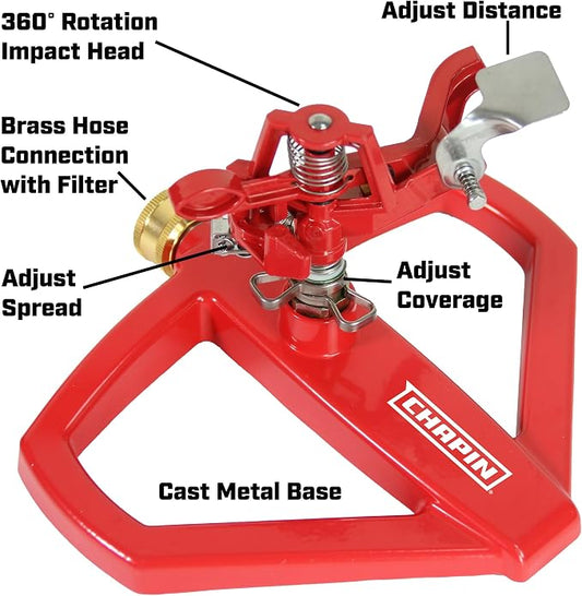 Chapin 4980: Platform Impact Sprinkler, 360 Degree Automatic With Base for Gardens and Lawns, Up to 85ft Coverage Area, Yards and Garden Watering, Red