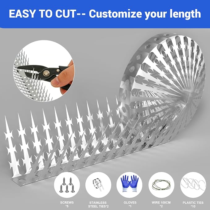 Bird Spikes Squirrel Proof Baffle for Bird Feeders, 320 Inch Avoid Climb Spikes for Outside, Fence, Wall, Tree, Drainpipes, Deterrent Spikes for Squirrel, Pigeons, Raccoon, Cat, Stainless Steel Spikes
