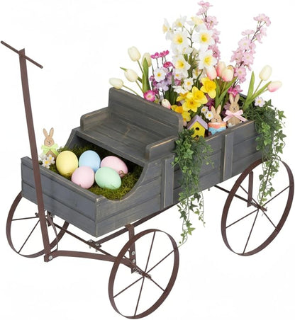 Shine Company Decorative Wagon Garden Planter, Wooden Wagon Yard Décor for Outdoor Plants, Small, Gray