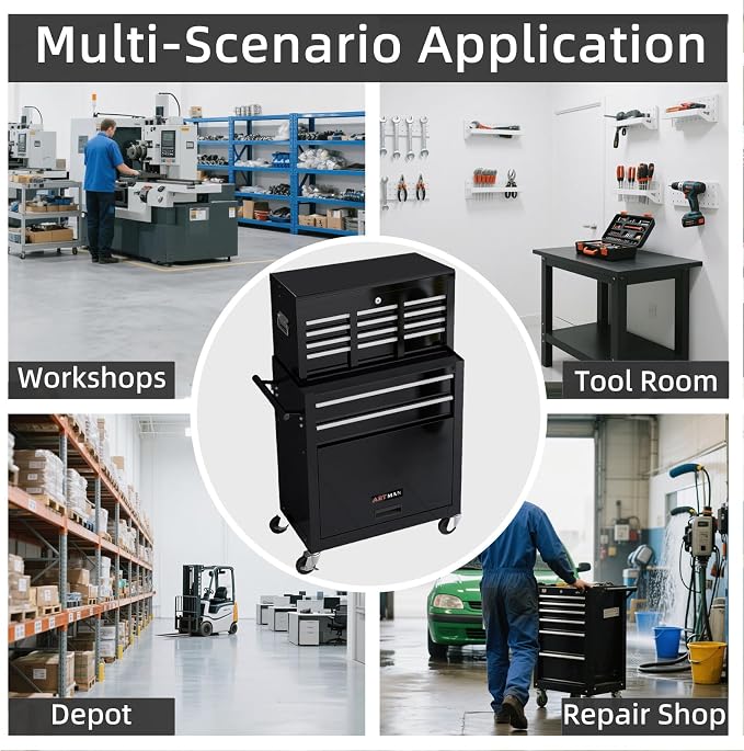 8-Drawer Tool Chest, Detachable Top Box for Garage,Black | Rolling Mobile Storage Cabinet Organizer with Lockable Wheels for Workshop Utility, Heavy Duty Metal Construction