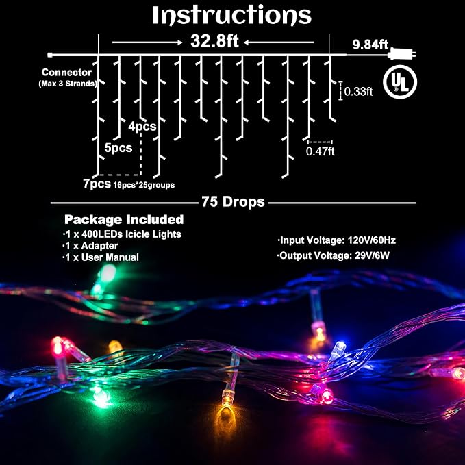 Icicle lights Outdoor - 33ft Christmas Lights with 400LED 75 Drops 8 Modes, Plug in Curtain String Lights Waterproof for Holiday Wedding Party Home Garden Bedroom Indoor Outdoor Decoration, Multicolor