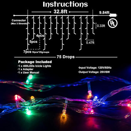 Icicle lights Outdoor - 33ft Christmas Lights with 400LED 75 Drops 8 Modes, Plug in Curtain String Lights Waterproof for Holiday Wedding Party Home Garden Bedroom Indoor Outdoor Decoration, Multicolor