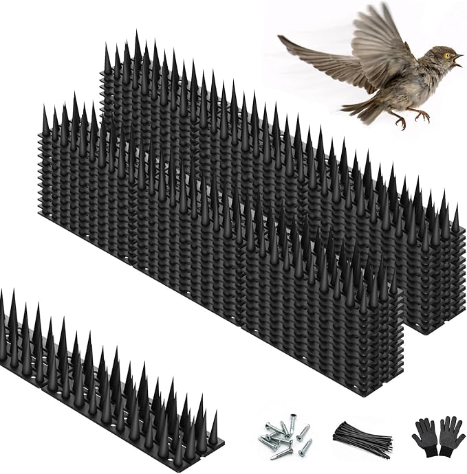 Bird Spikes, 24 Pack, 33.5 FT Total Coverage, Outdoor Bird Deterrent for Pigeons and Small Birds, Helps Keep Cats and Squirrels Away, Plastic Spikes for Fences, Railings and Roofs, Black