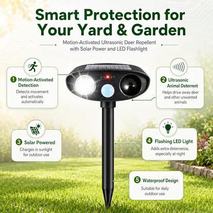 2026 4Pack Sonic Fortress Pro Deer Repellent Devices Solar Ultrasonic Animal Repellent with Motion Sensor&Flash Light-IP65 Waterproof Cat Repellent Outdoor,Rabbit Fortress Pro for Flowers,Plant