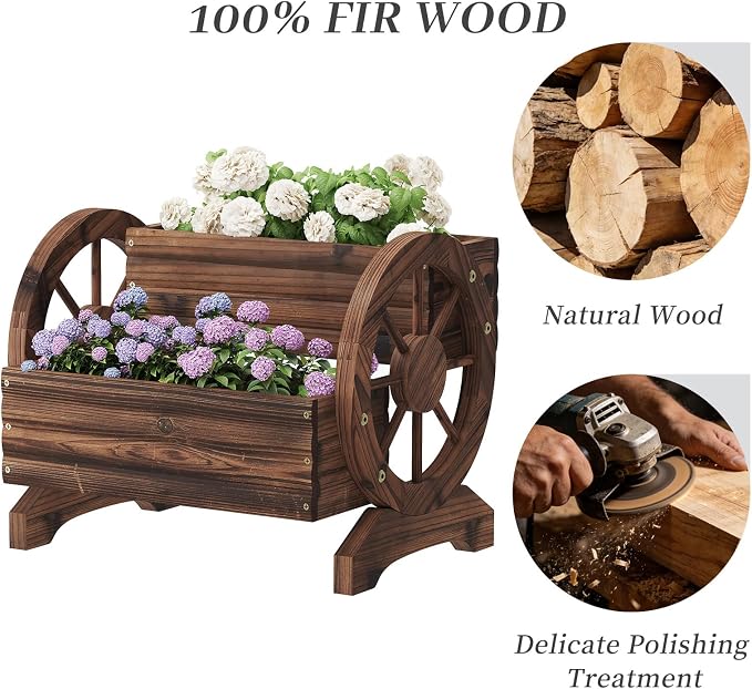 Kitsanery Wooden Planter Box,Planters for Outdoor Plants, Flower Cart for Patio Garden Balcony, Backyard Decor Garden Planters with Wheels for Flowers,Vegetables (Carbonised Colour (Dark Brown))